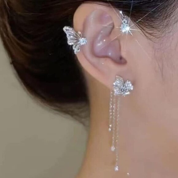 2PCS Butterfly Tassel Zircon Earrings and Ear Cuffs - No Piercing Flower Climber - Picture 2 of 7